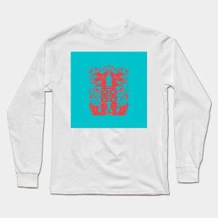 Traditional Chinese Paper Cutting Pattern - Hong Kong Retro Teal Blue with Red Symbol Long Sleeve T-Shirt